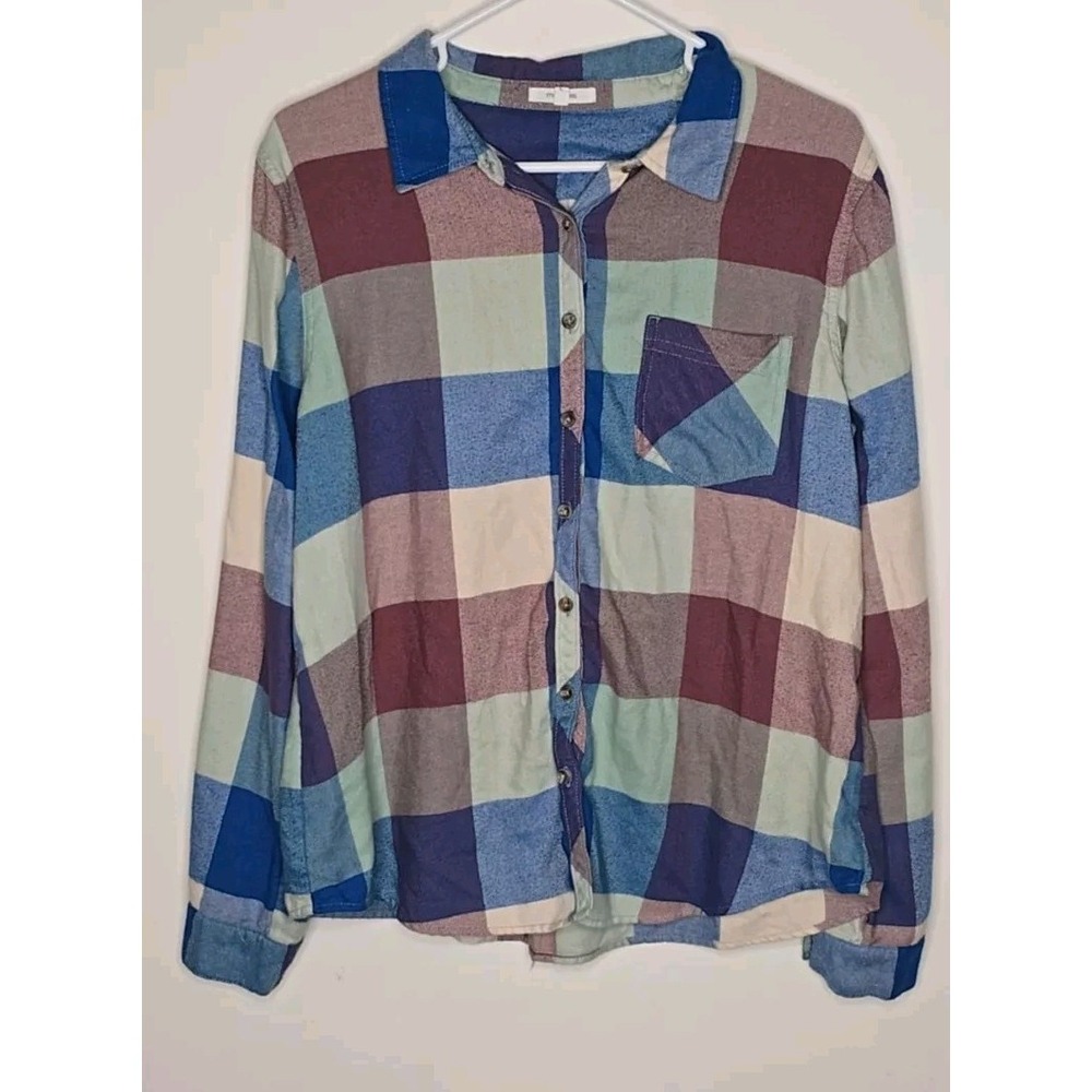 Maurices Shirt Womens L Cabin Plaid Colorful Shirred Back Cabin Cowgirl Twill